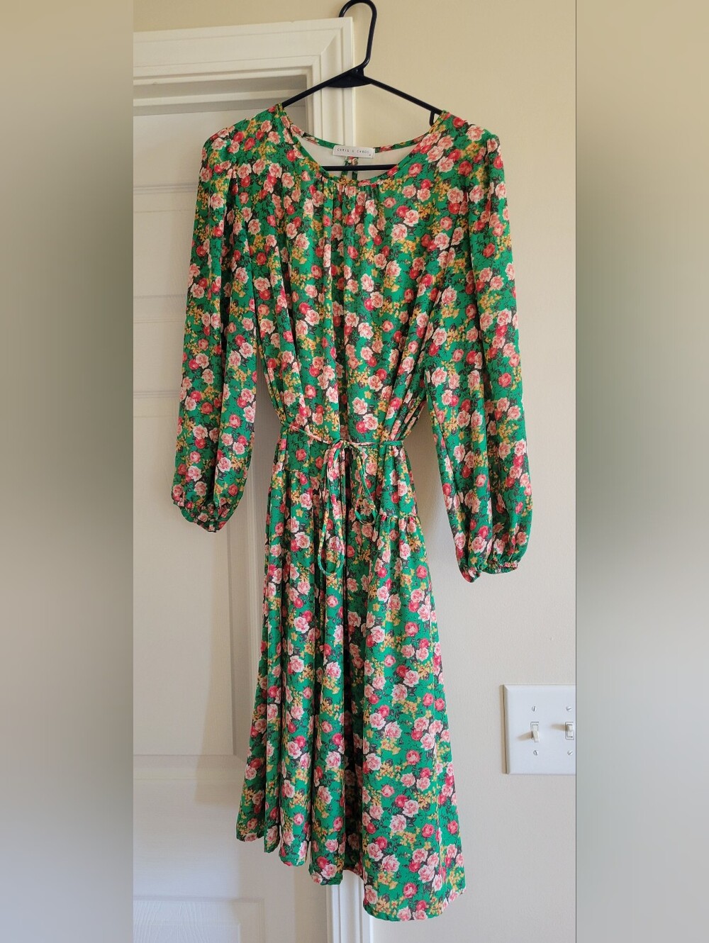 Green Floral Tie-Waist Midi Dress